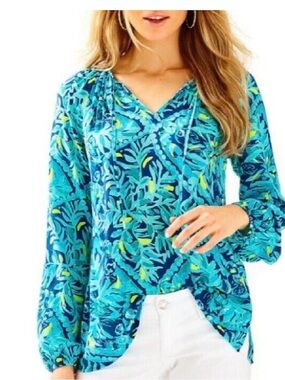 Lilly Pulitzer Turquoise Blue Printed V-Neck Blouse